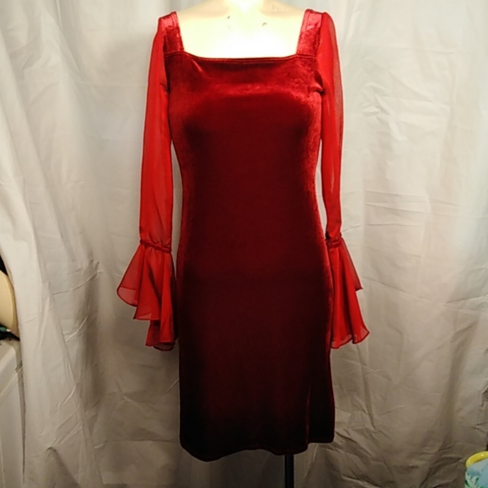 Girls Velvet Red Dress with sheer Long Sleeves